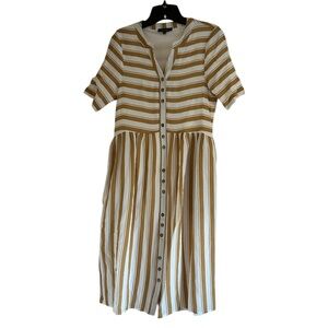 Roolee Striped Button-Down Tan and White Size Small Short Sleeve Midi Dress